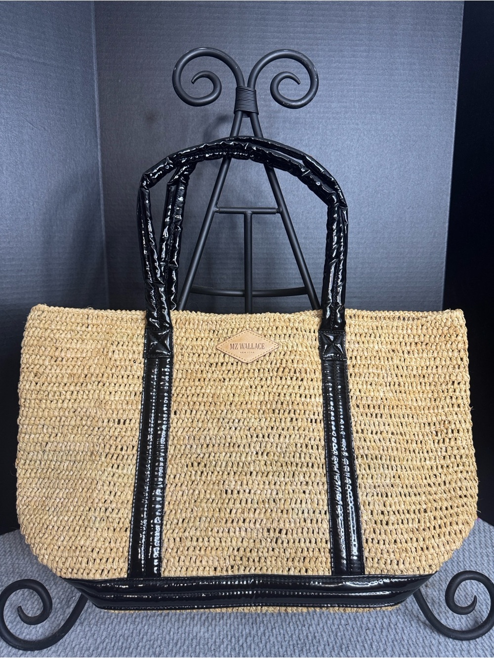 MZ Wallace Raffia Tote Black Lacquer Straps